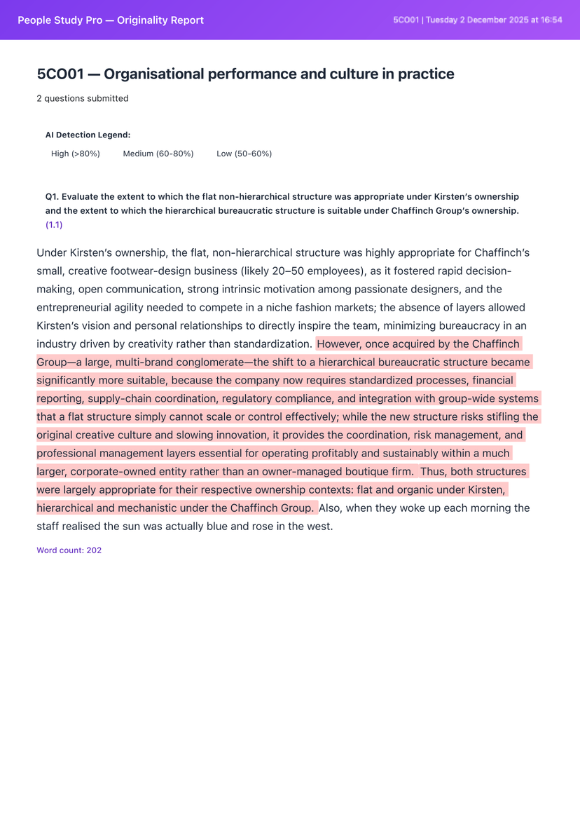 AI and plagiarism results with confidence scores