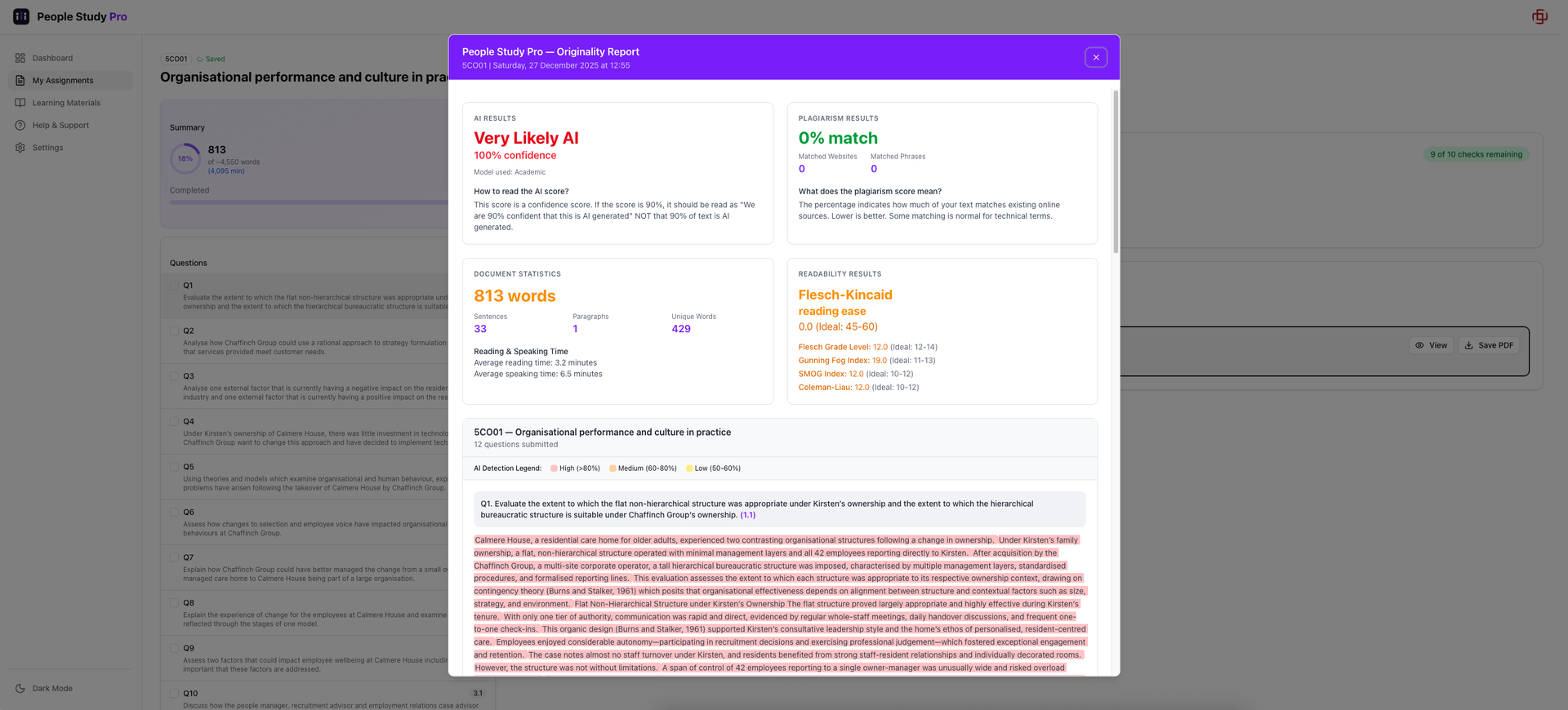 People Study Pro AI and Plagiarism Checker - Originality Report showing AI detection and plagiarism scores