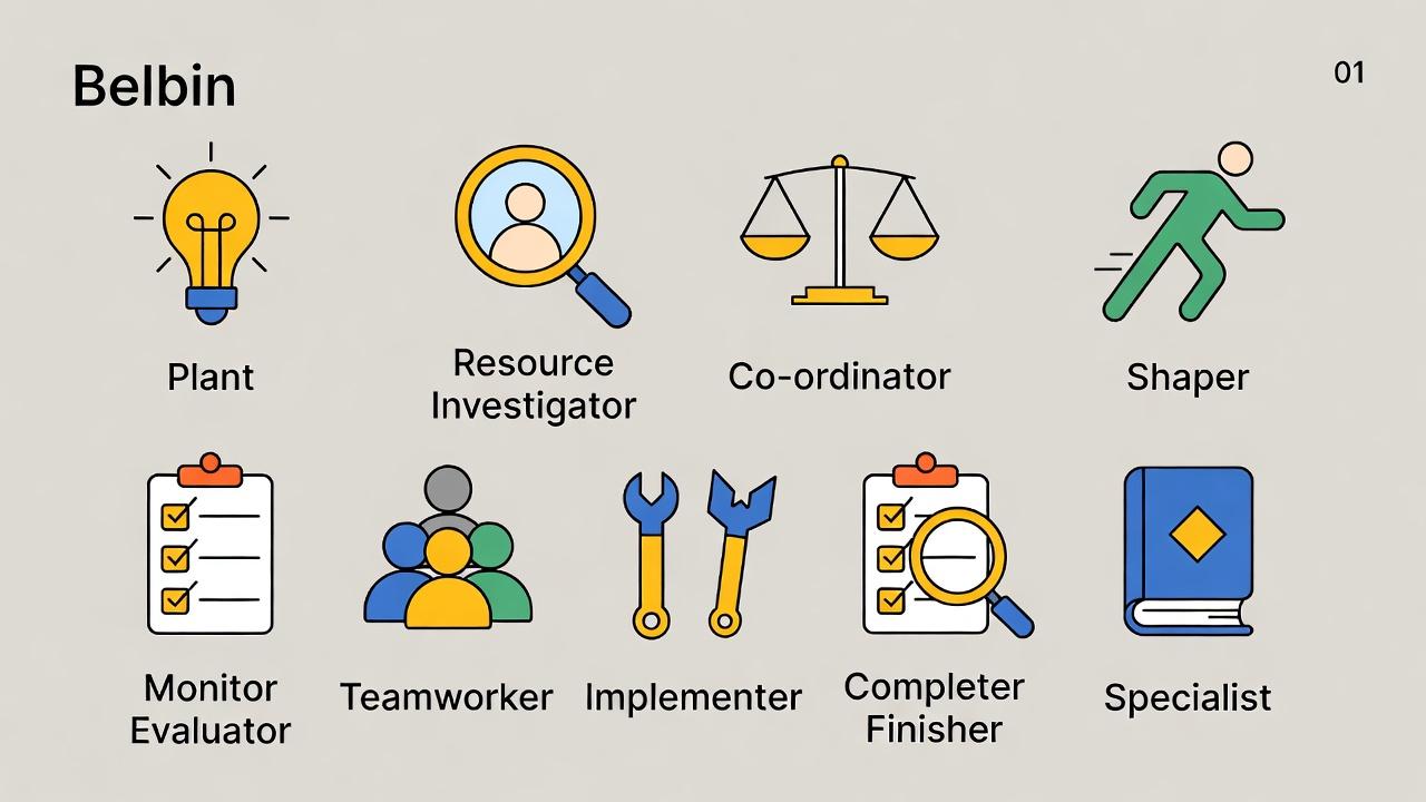 Diagram showing the nine Belbin team roles grouped into action, thinking and social categories