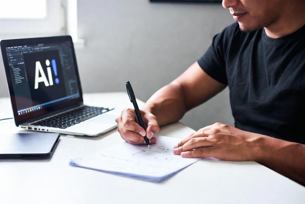 Student writing assignment by hand with AI on laptop screen