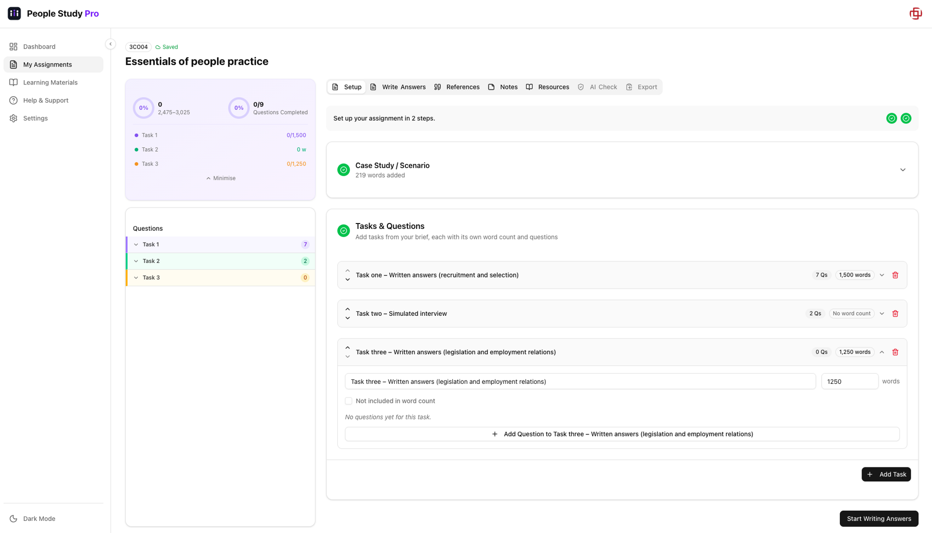 The People Study Pro assignment workspace showing tasks grouped with individual word counts and questions