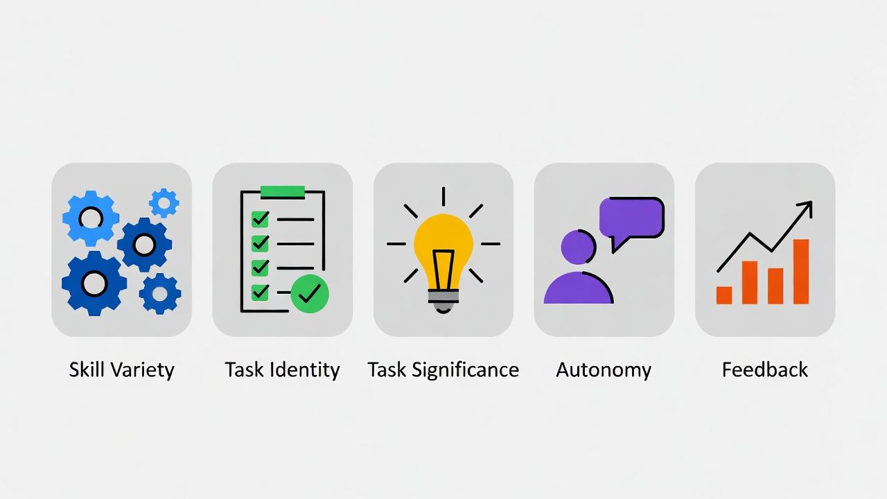 Diagram showing the five core job characteristics and three psychological states in Hackman and Oldham's model