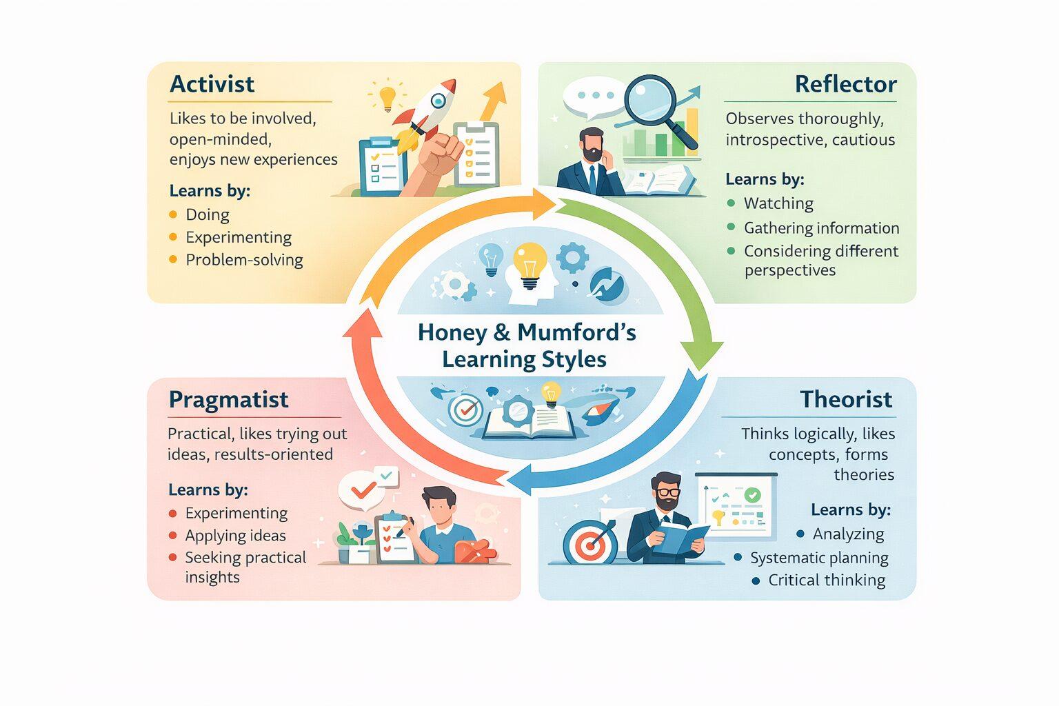 Diagram showing the four Honey and Mumford learning styles: Activist, Reflector, Theorist, and Pragmatist