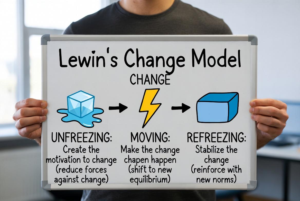 Diagram illustrating Lewin's 3-stage change model: Unfreeze, Change, Refreeze