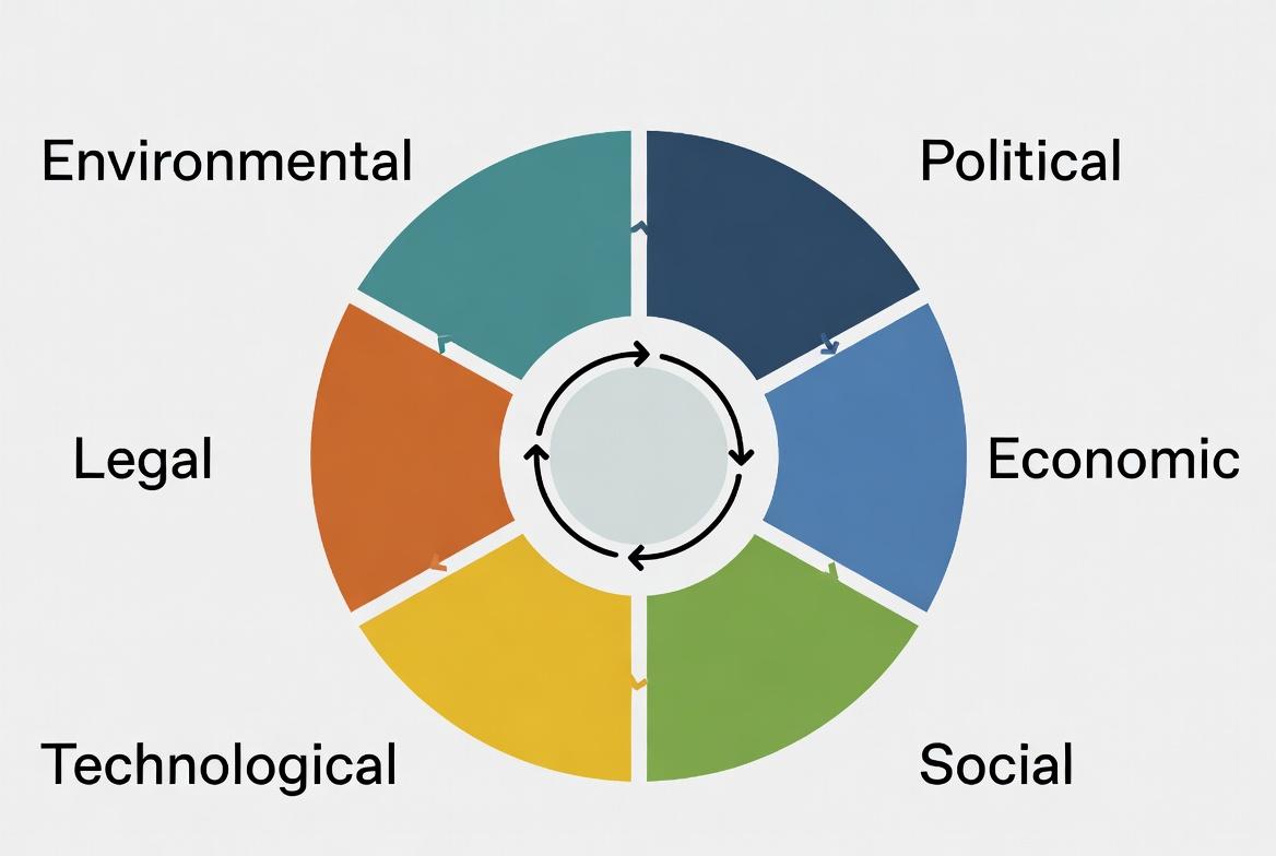 PESTLE analysis framework diagram showing six external factors