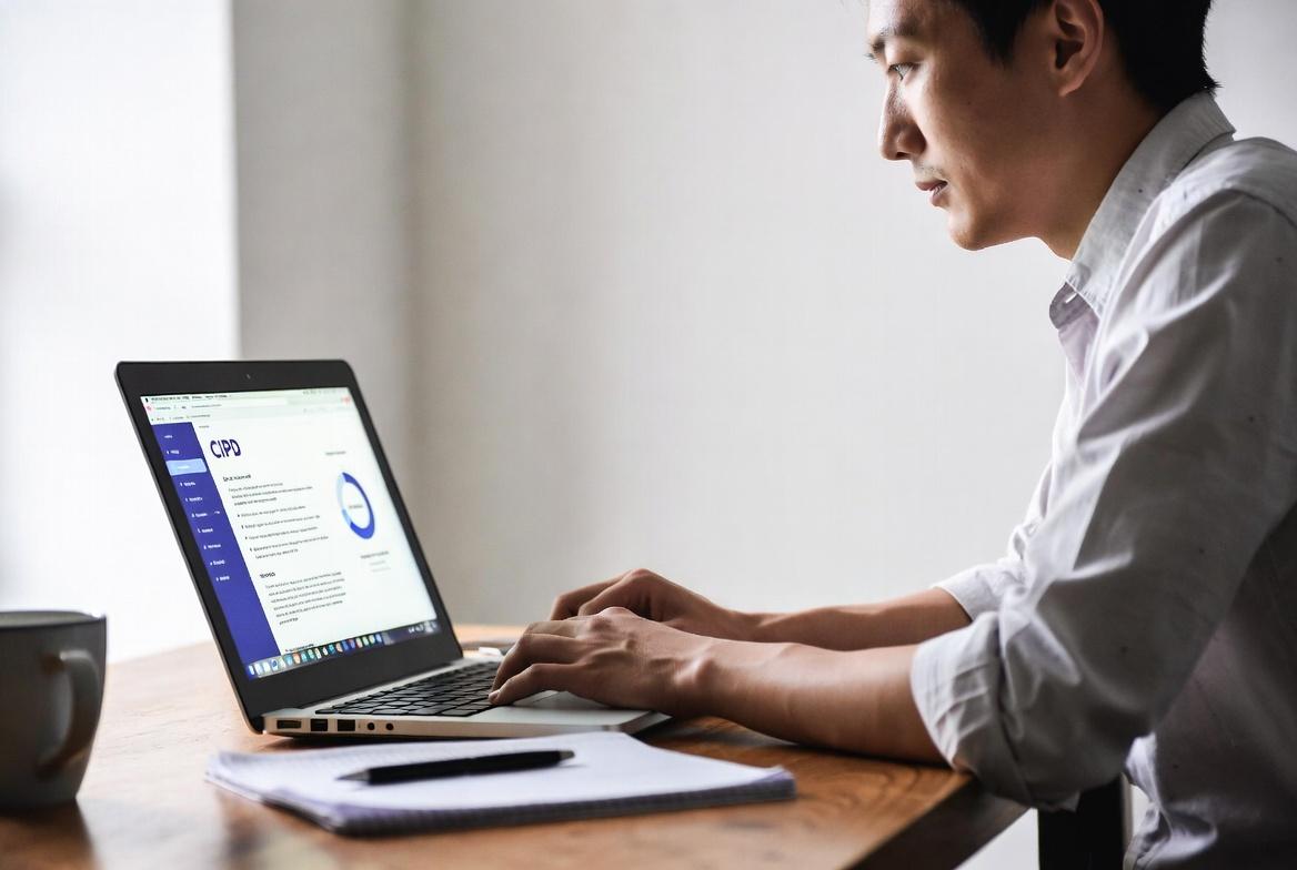 Student working on CIPD assignment with laptop and notes