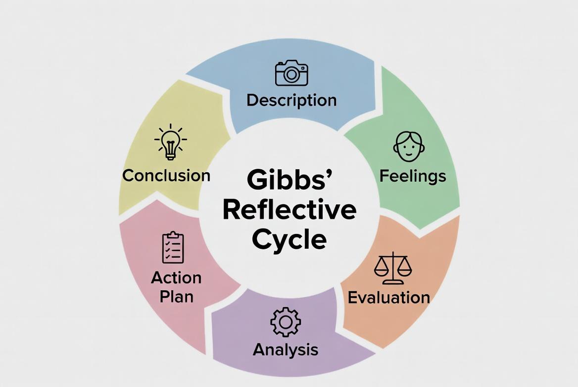 Diagram illustrating Gibbs' Reflective Cycle with six stages