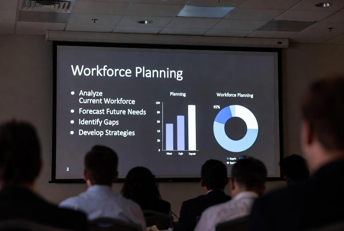 HR professional analysing workforce planning data on laptop