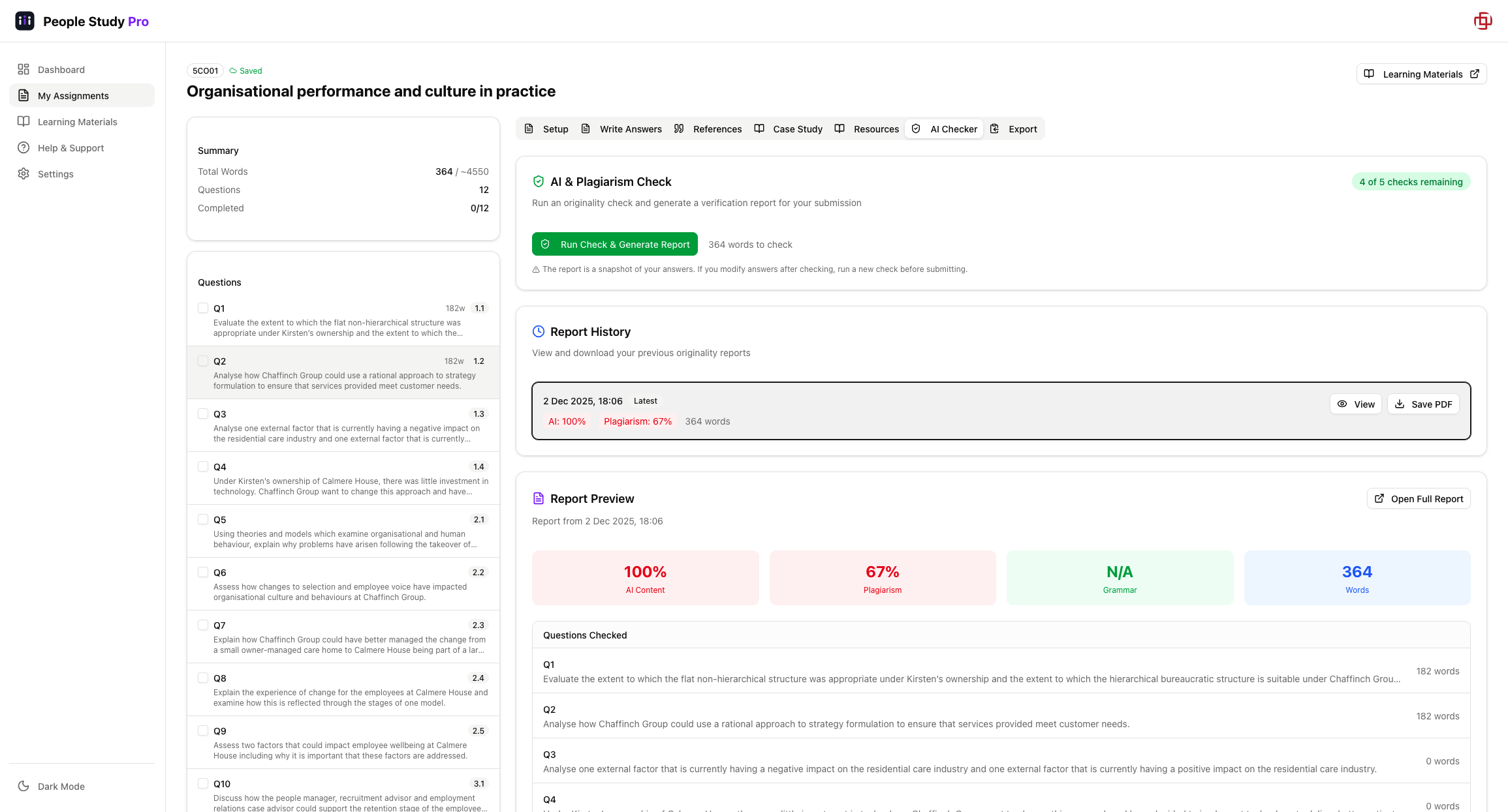 AI & Plagiarism Checker showing originality report with scores