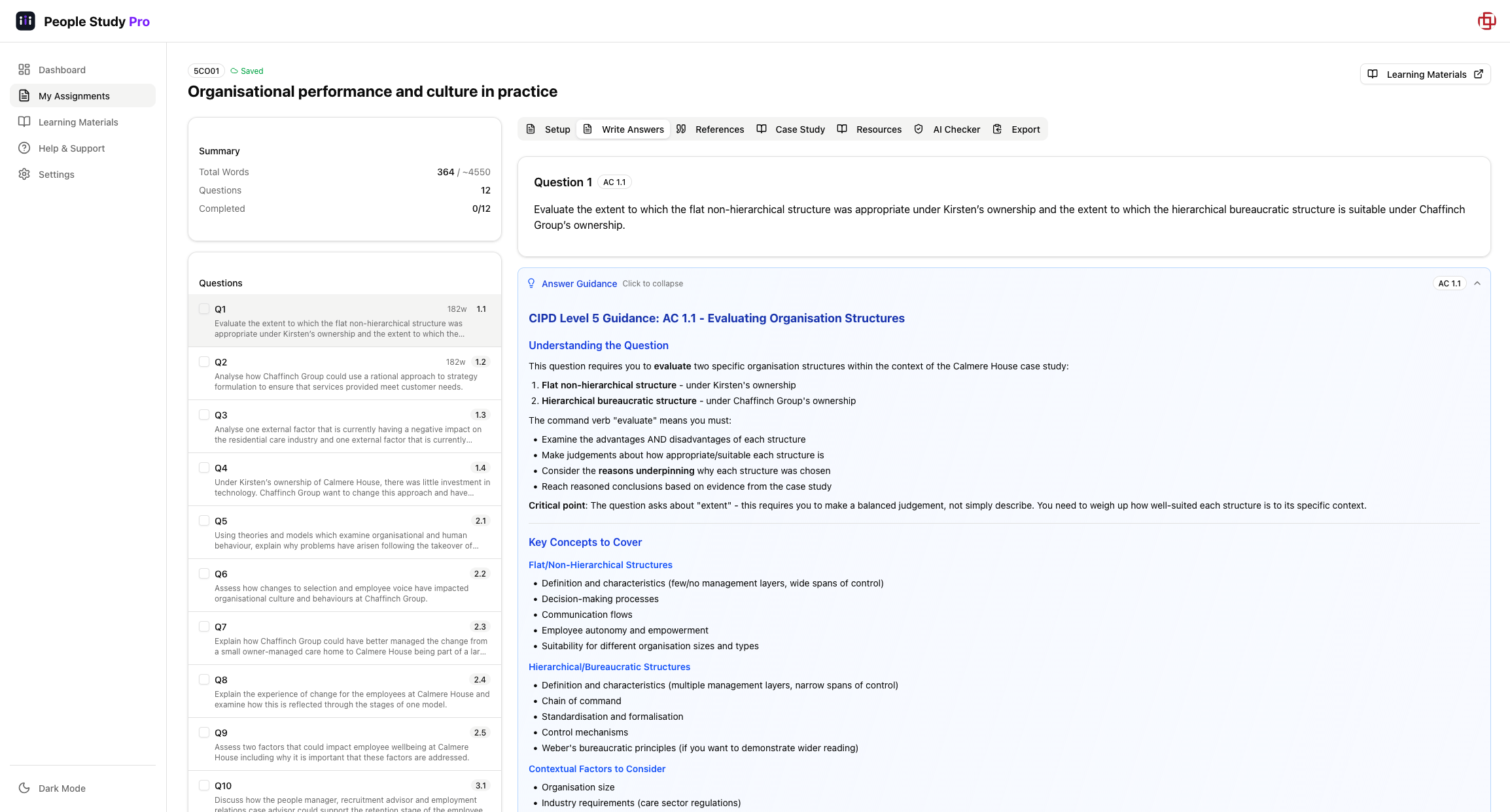 Intelligent Assignment Guidance showing structured advice for CIPD questions