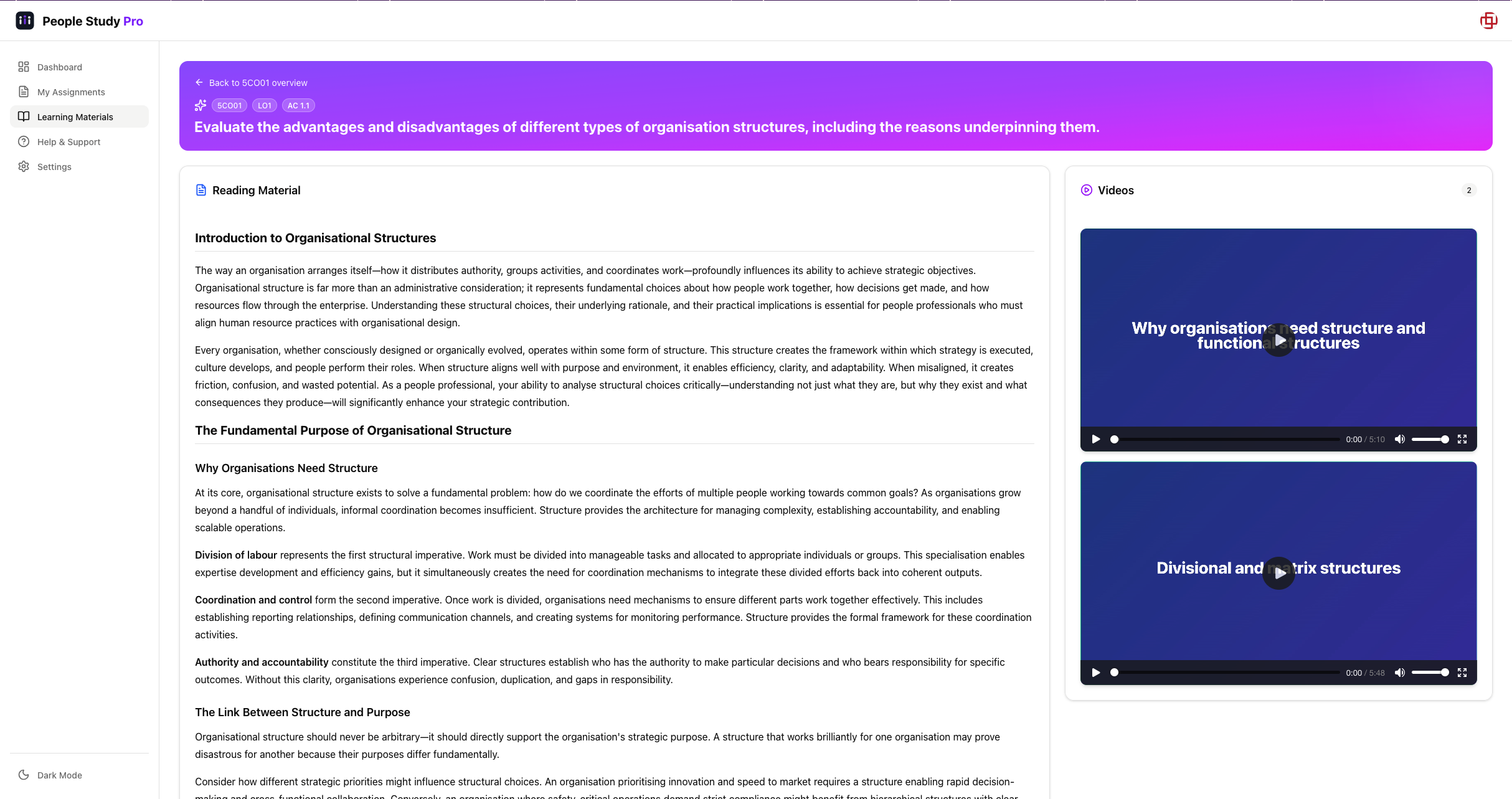 Curated Learning Materials showing unit guides and resources