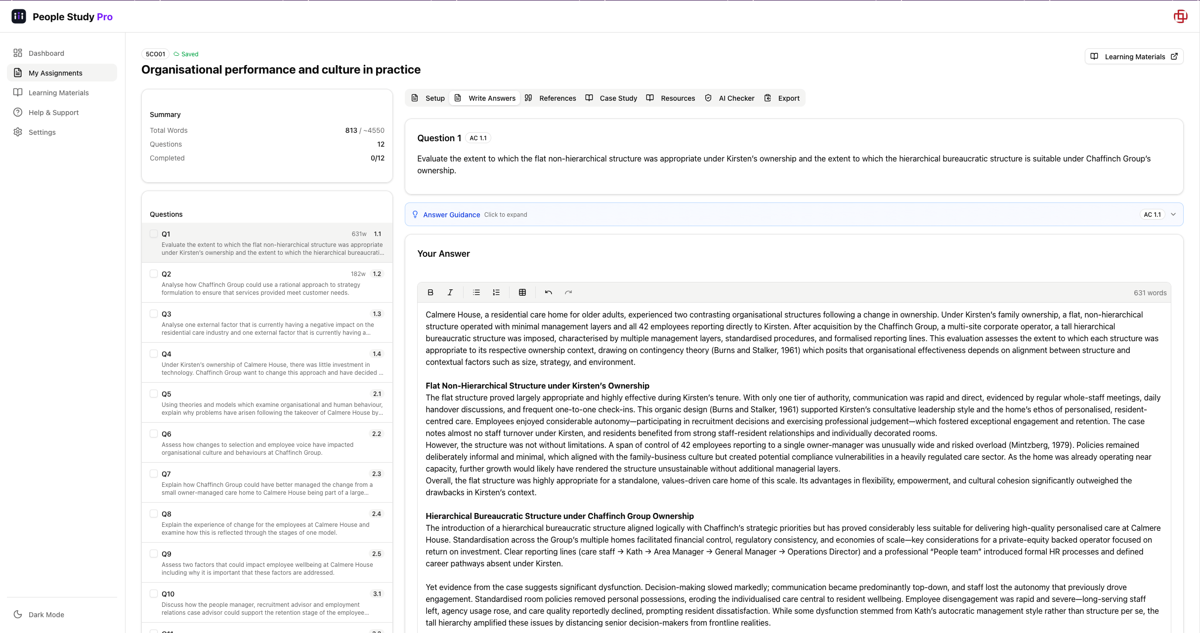 Dedicated Assignment Workspace showing question editor with word count